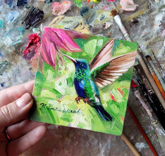 Small artwork Hummingbird art painting original 4x4, Chartreuse art bird Nature lover gift, Teacher appreciation gift