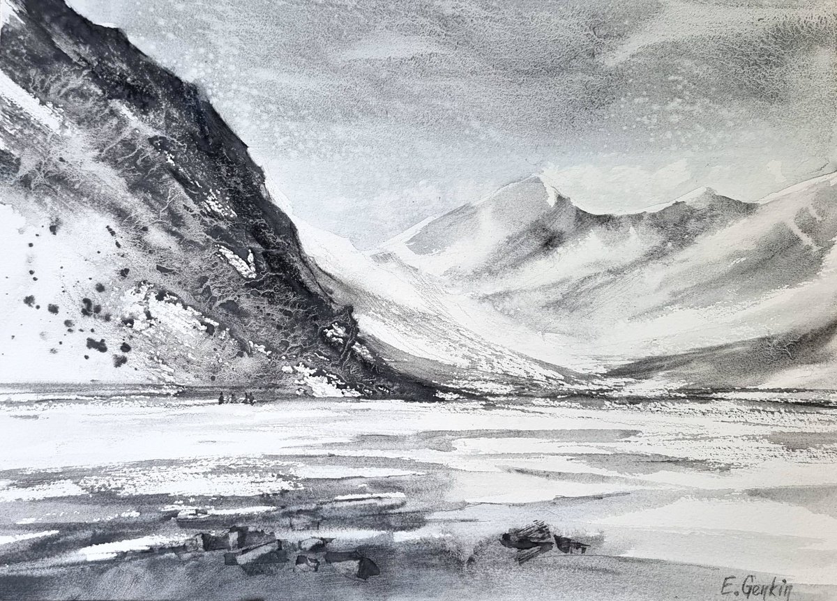 Impressionistic Landscape Watercolour By Elena Genkin, 15 X 11, Winter Mountains, Original Artwork