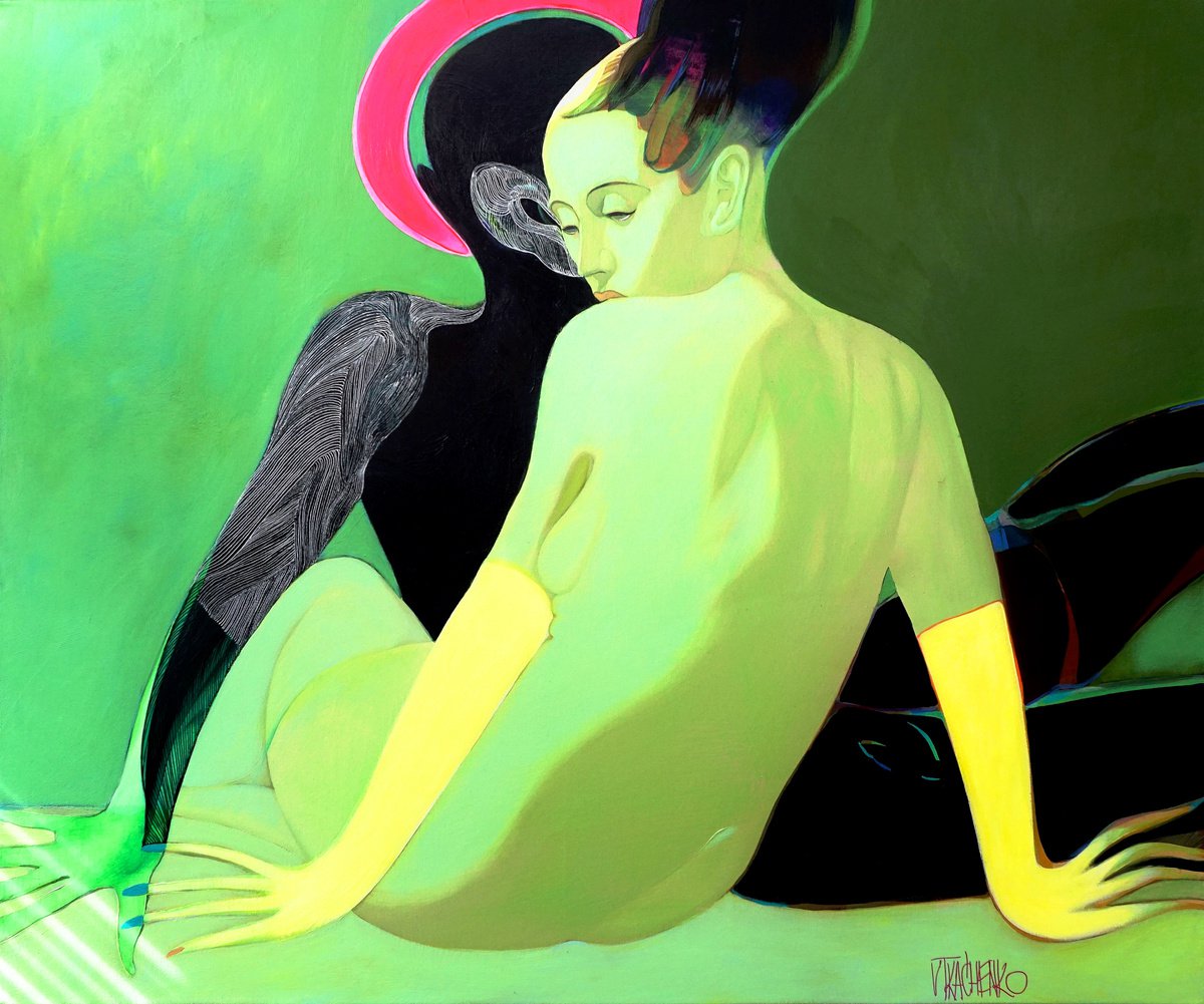 Organic Portrait Acrylic Painting By Victor Tkachenko, 36 X 30", Annunciation (For Shipping Price Dm Please), Original Artwork