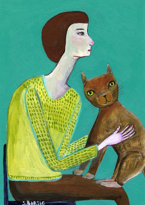 Cat Lady with Brown Cat by Sharyn Bursic