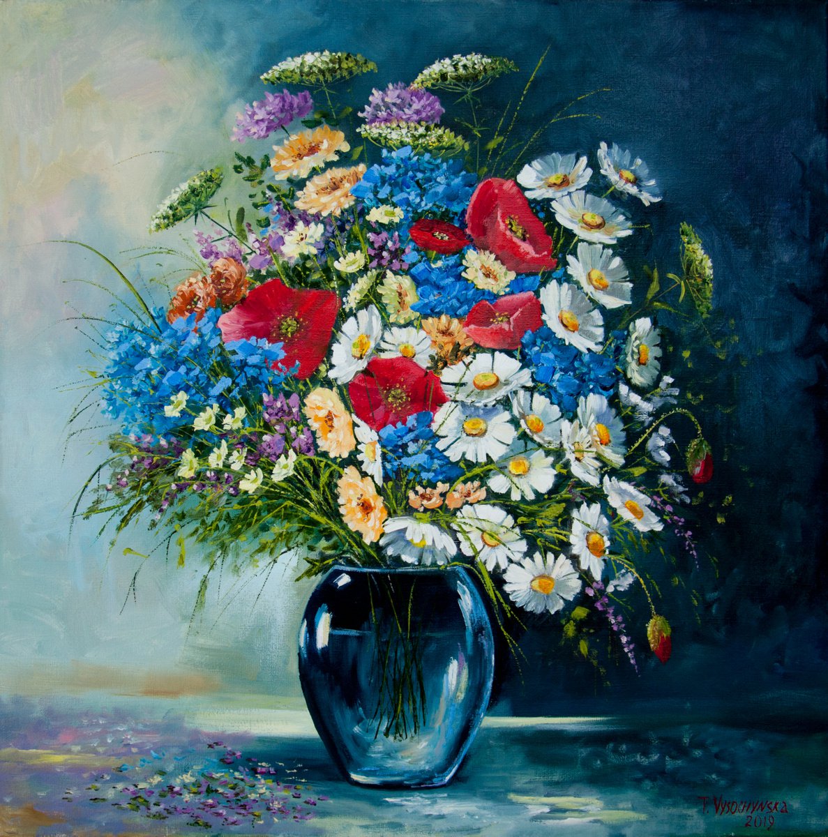 Bouquet of wildflowers. Oil painting. 16 x 16in. by Tetiana Vysochynska