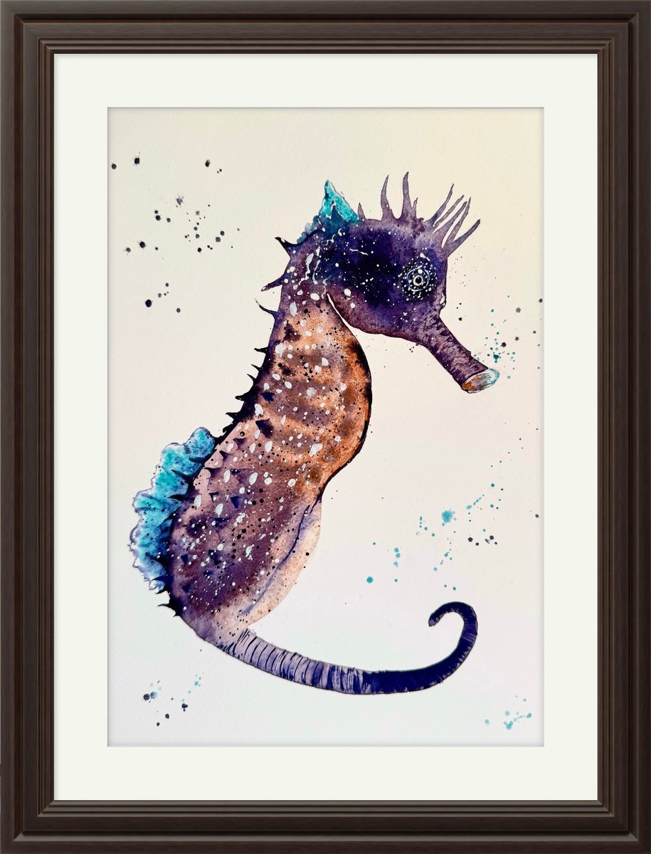 Animal Drawing By Yuliia Sharapova, 12 X 16", Purple Seahorse Underwater, Original Artwork