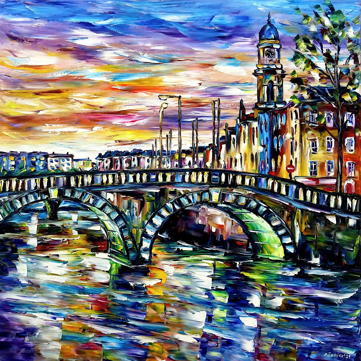Expressive Cityscapes Oil Painting By Mirek Kuzniar, 28 X 28", Morning Mood In Dublin, Original Artwork