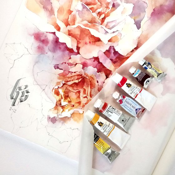 "Scent of a bouquet of roses" original abstract watercolor artwork square format