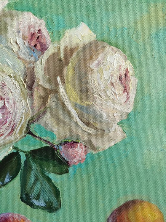White Roses whith peach original canvas oil painting flower Still Life 12x16''