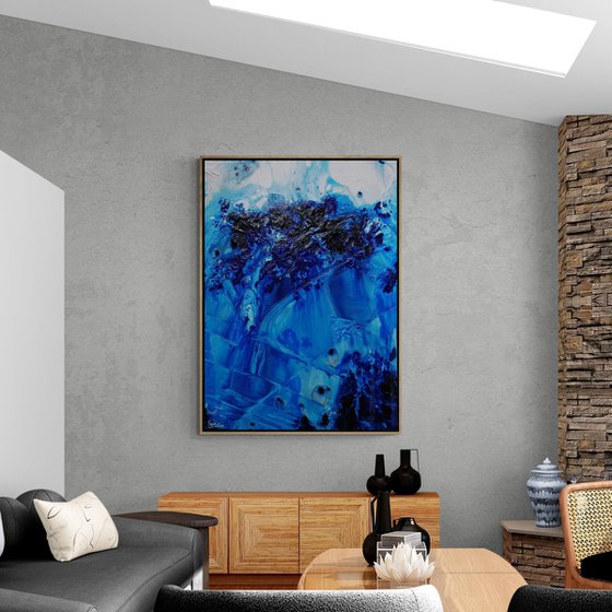 Midnight Stimulation 140cm x 100cm Blue White Textured Abstract Art