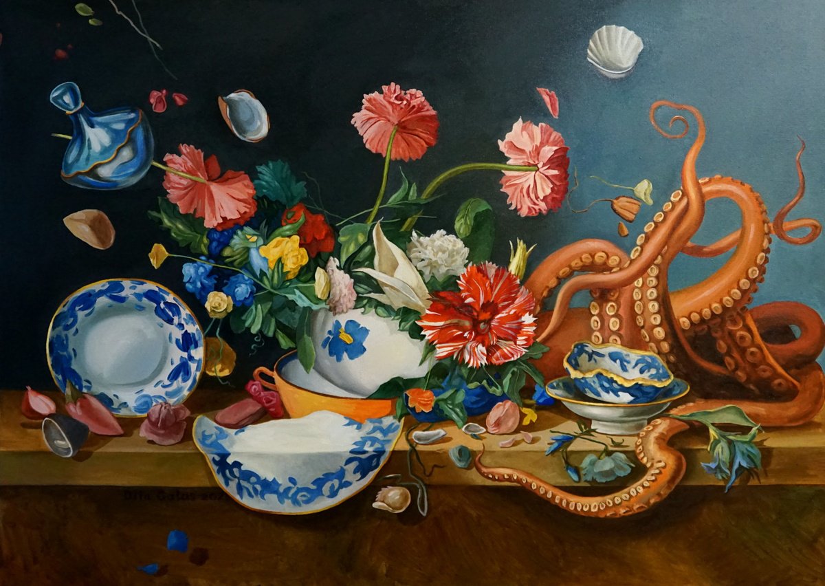 Surrealistic Botanical Oil Painting By Dita Galas, 55 X 41, Second Of Eternity, Original Artwork