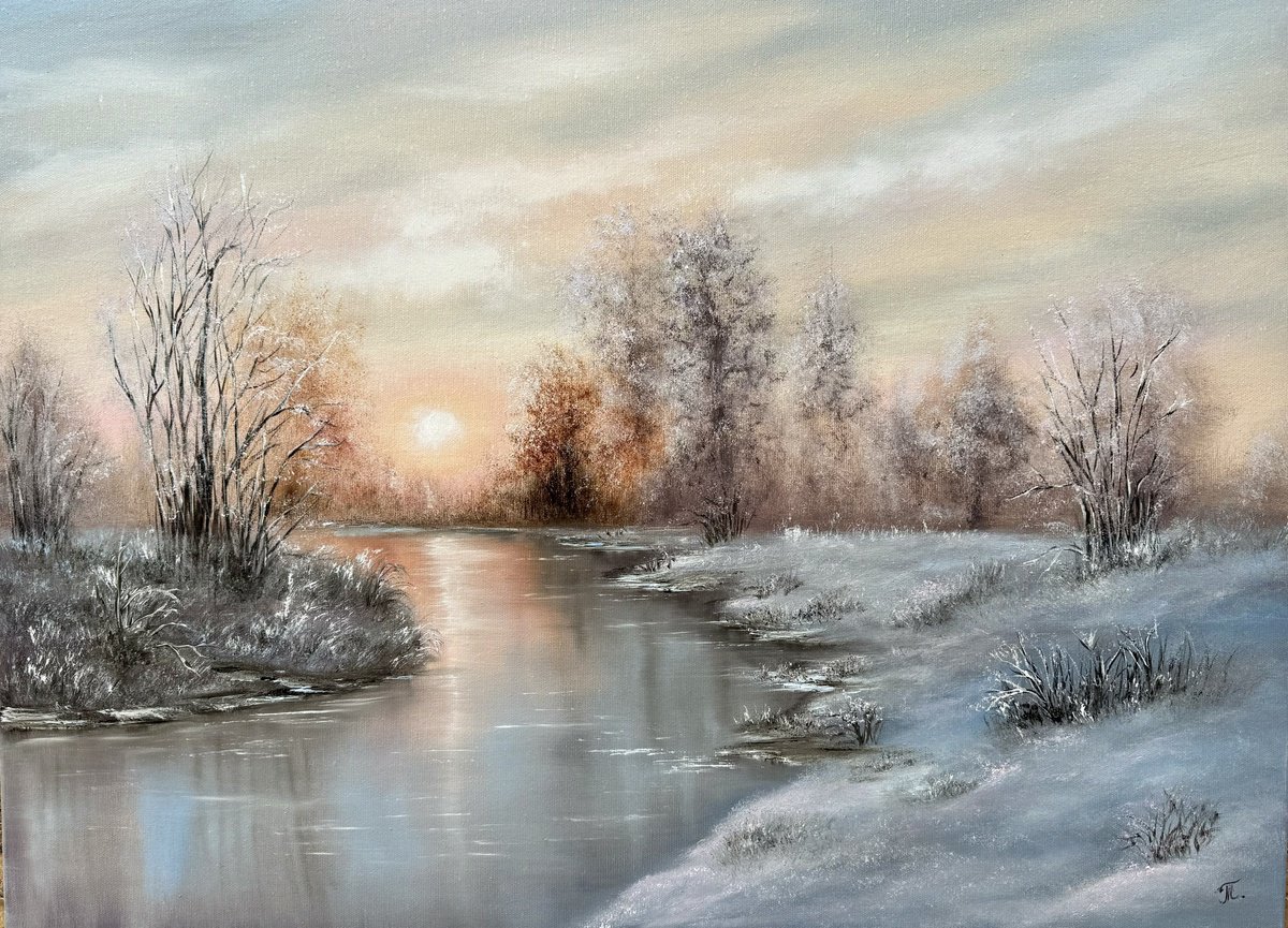 Impressionistic Landscape Oil Painting By Tanja Frost, 29 X 21", Winter Reflections, Original Artwork