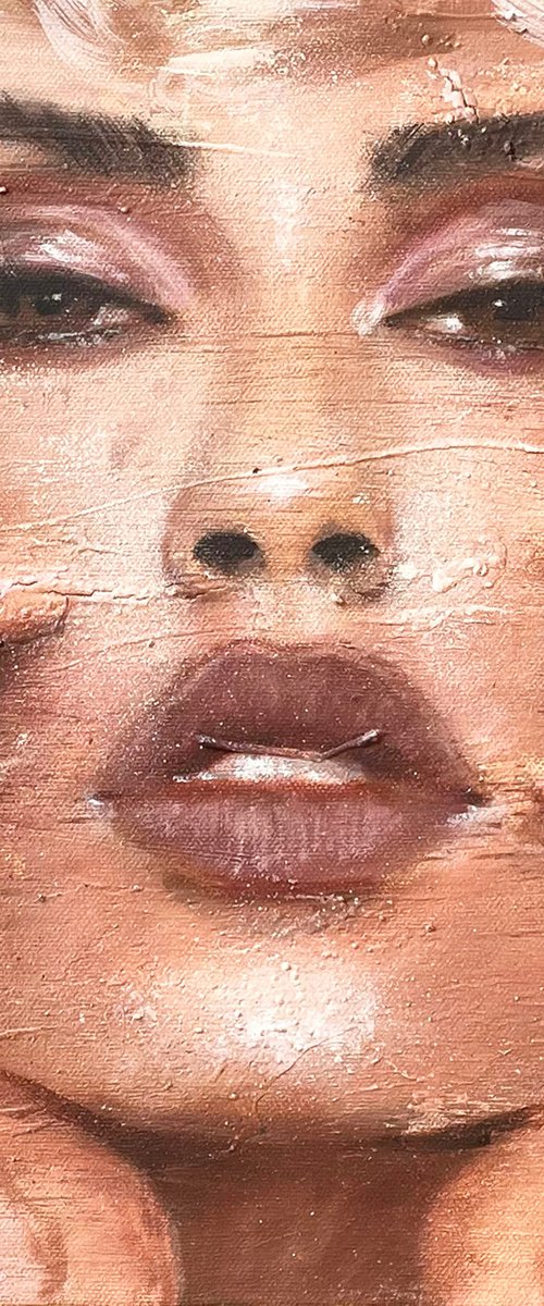 Alexandria | Closeup female face curls curly woman blonde brunette portrait painting oil on canvas framed by Renske Karlien Hercules