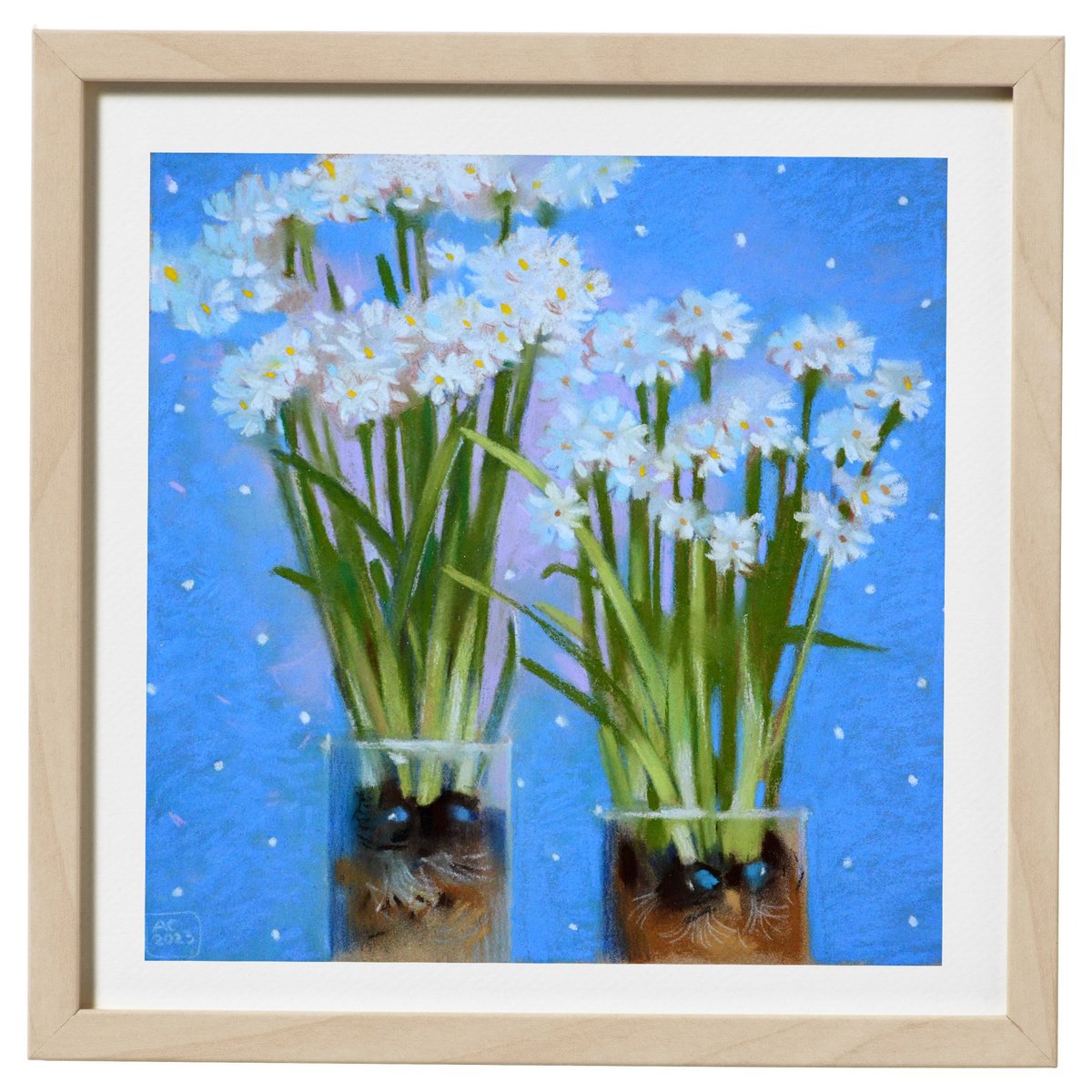 white flowers on a blue background by Alexandra Sergeeva