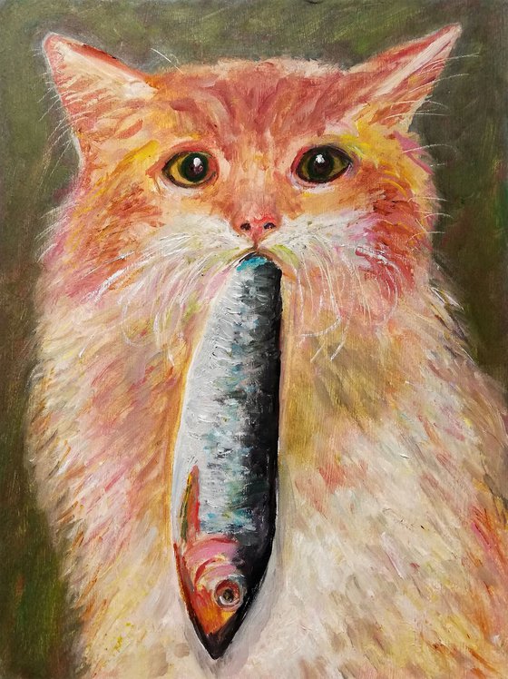 "A Cat with a Fish" Original Oil Painting on Cardboard 7x9.5" (18x24cm)