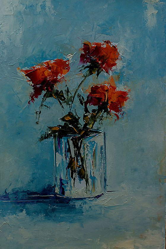Roses in glass. Still life painting with flowers