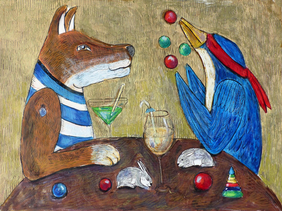 Surrealistic Painting , Tricks At The Dinner Table By Elizabeth Vlasova, 24 X 18, Artwork For Sale On Artfinder