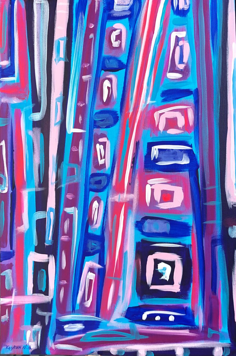-Walk in the sky-? - blue pink geometry abstraction, white, turquoise by Nataliia Krykun