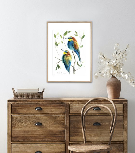 Golden bee-eater birds watercolor painting with bright birds on brunch, living room decor