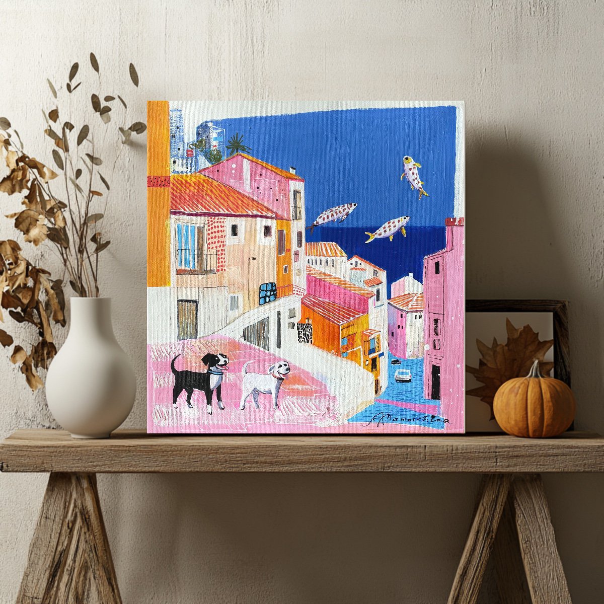 Impressionistic Animal Acrylic Painting By Anastasia Mamoshina, 12 X 12, City Of Dreams And Happy Tails, Original Artwork