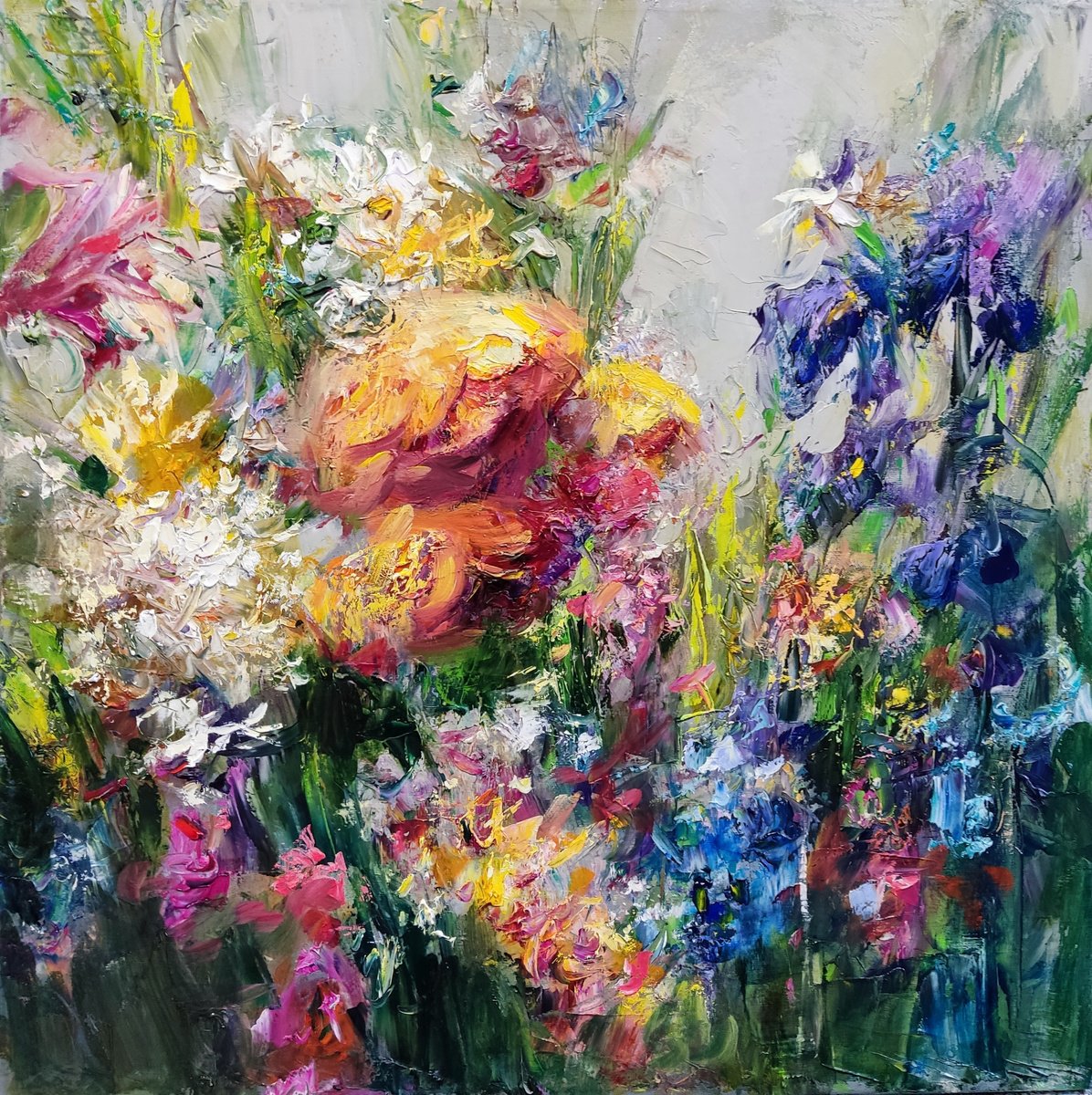 Expressive Oil Painting , Summer Flowers By Helinda (Olga Muller), 20 X 20, Artwork For Sale On Artfinder