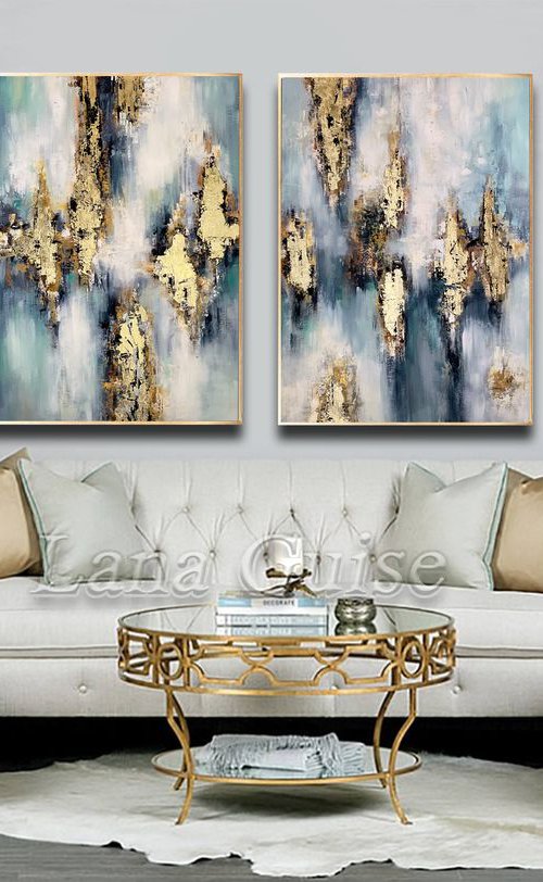 Impulse - 56" x 40" Abstract Painting, Set of Two Paintings, Multi Panel Abstract, ORIGINAL Painting, Gold Leaf Painting, Black and Gold, Large Art by Lana Guise