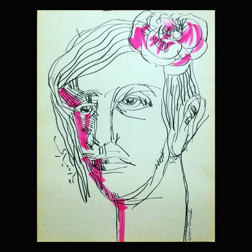 Portrait with Pink Flower, Drawing by ink on papre, 21x29cmm by Jamaleddin Toomajnia
