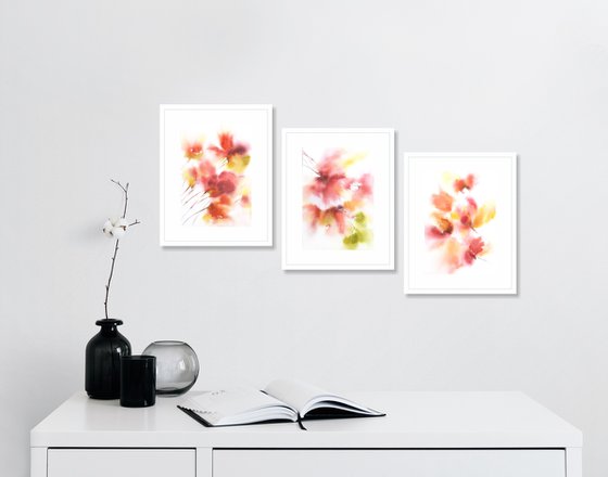 Red abstract flowers watercolor painting. Floral set of 3