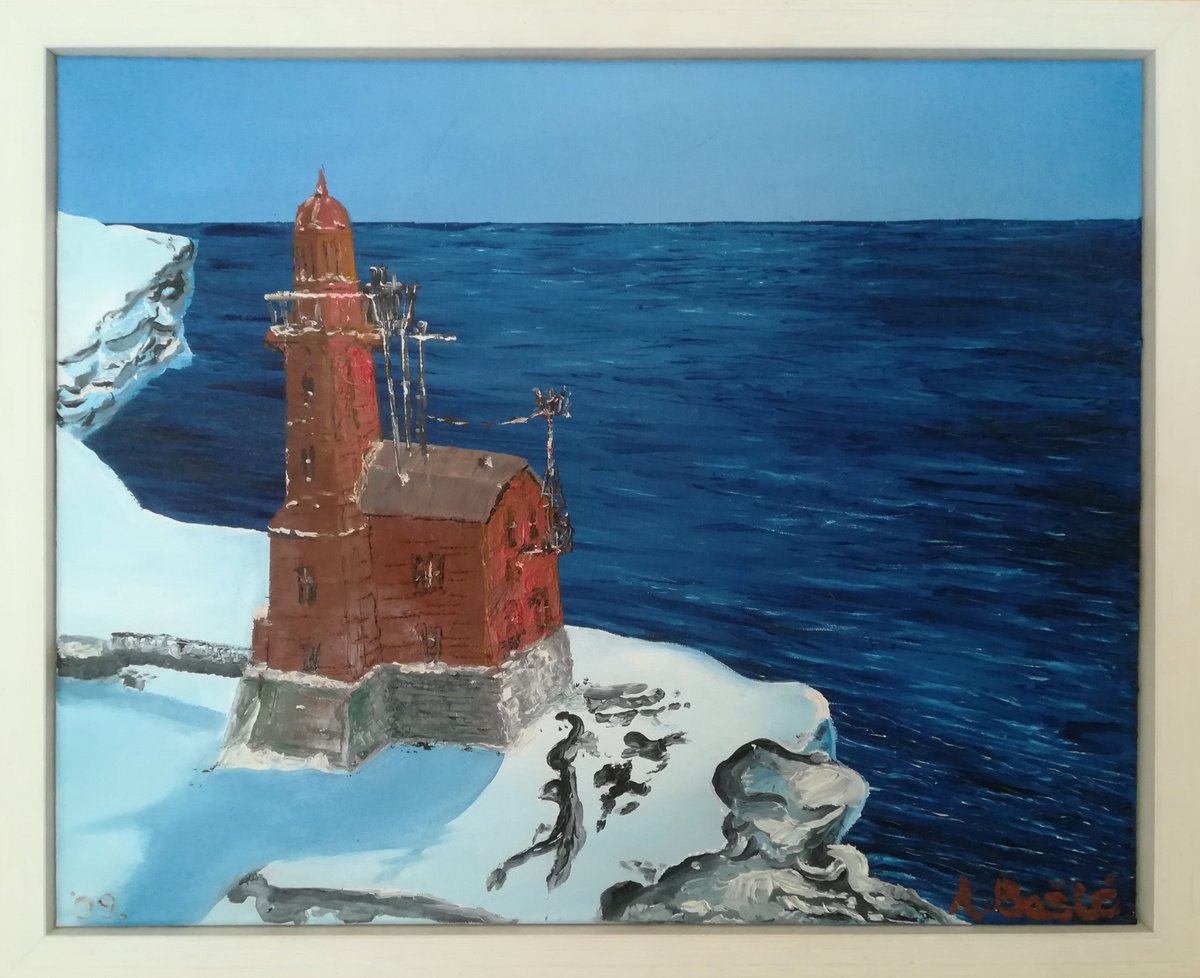 Impressionistic Landscape Oil Painting By Aleksandar Basic, 23 X 19, Red-Blue-Snow, Original Artwork