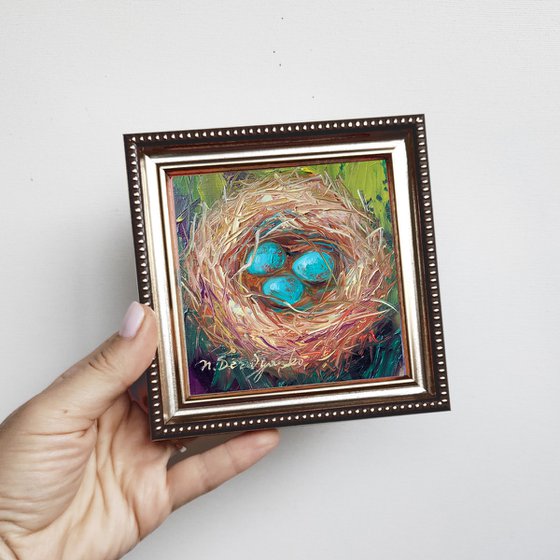 Nest oil painting original 4x4 in frame, Blue bird eggs miniature oil painting wall art framed, Small painting Mom day gift