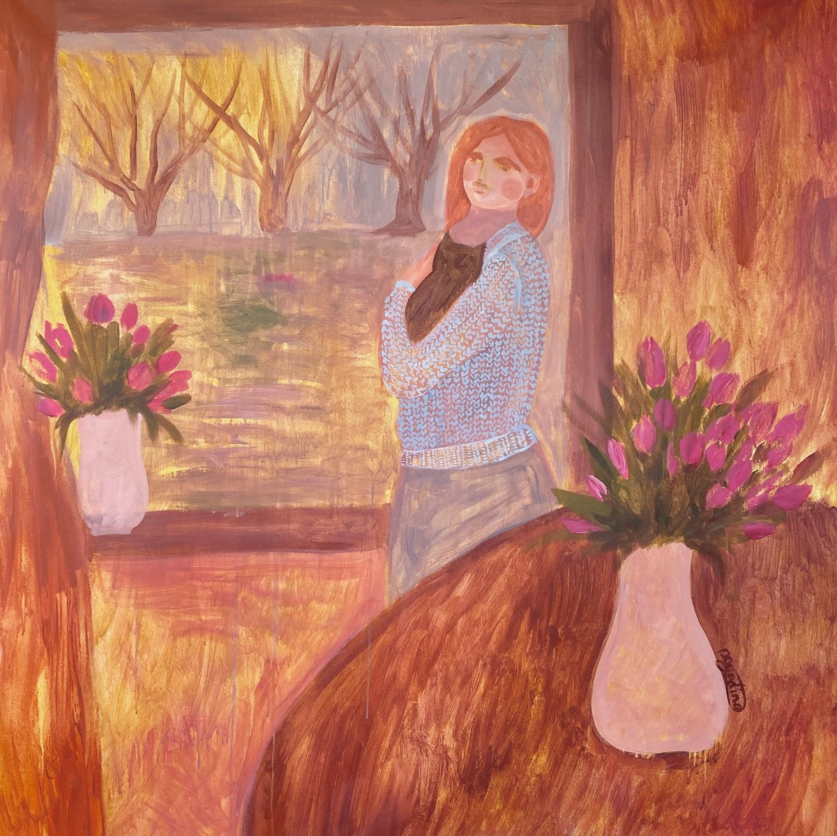 Impressionistic Portrait Acrylic Painting By Dasha Pogodina, 37 X 37, Spring Brings Hope, Original Artwork