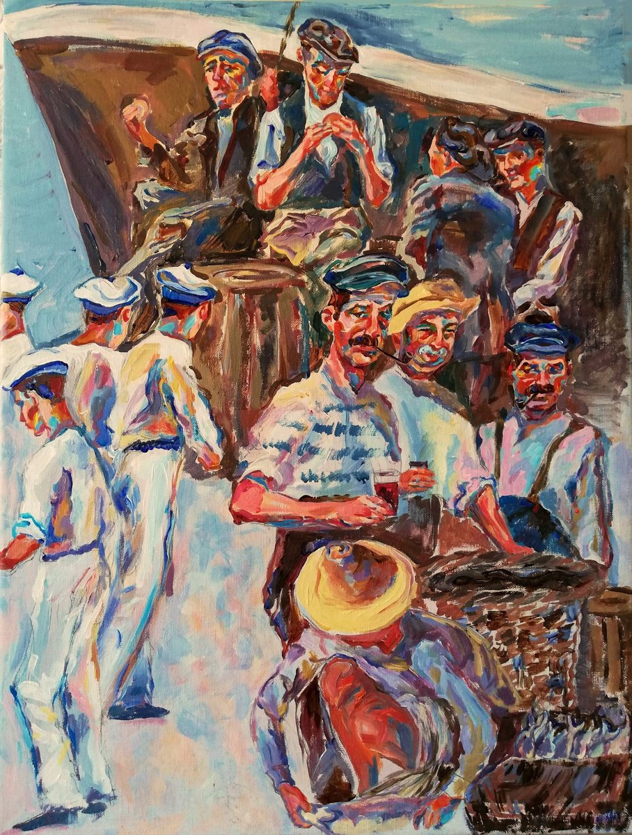 Impressionistic Portrait Acrylic Painting By Jelena Djokic, 18 X 24, Sailors Taking A Break, Original Artwork