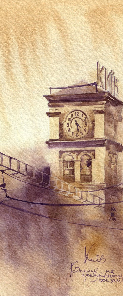 Architectural landscape "Kyiv. Clock on the station tower" - Original watercolor painting by Ksenia Selianko