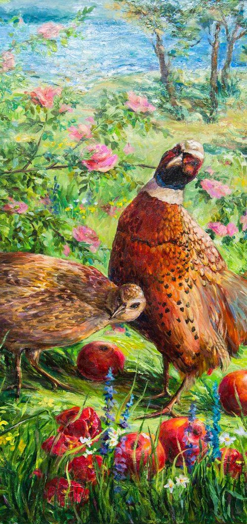 PHEASANTS IN APPLE GARDEN by Galyna Shevchencko