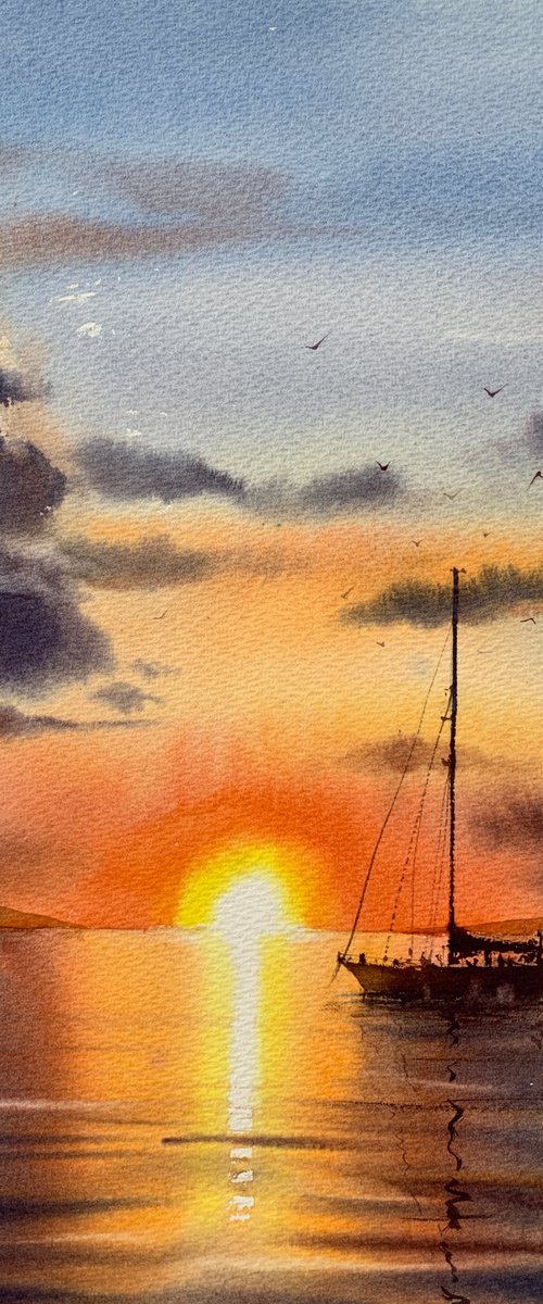 Sailing yacht and fire sunset #3 by Eugenia Gorbacheva