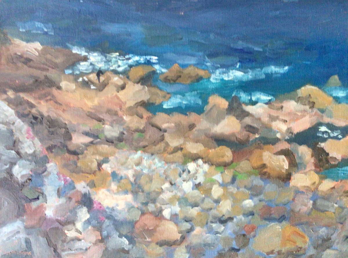 On the rocks at Sennen, Cornwall, oil painting. by Julian Lovegrove Art