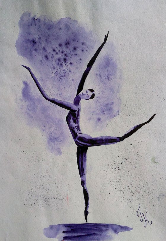 dancer original impressionistic watercolor painting " Dance in violet cloud"