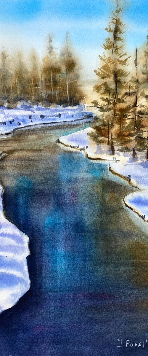 Winter Stream Glow original watercolo art, winter landscape, goft idea by Irina Povaliaeva
