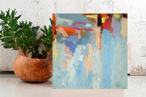 Abstract N 1, Abstract Painting Small Original Art Blue Artwork Multicolor Geometric Wall Art 10 by 10