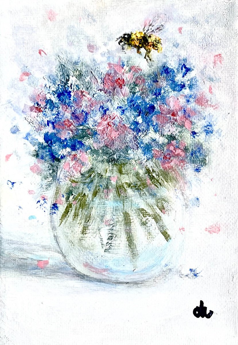 Expressive Botanical Acrylic Painting By Cristina Mihailescu, 5 X 7, Bee Happy! #8, Original Artwork