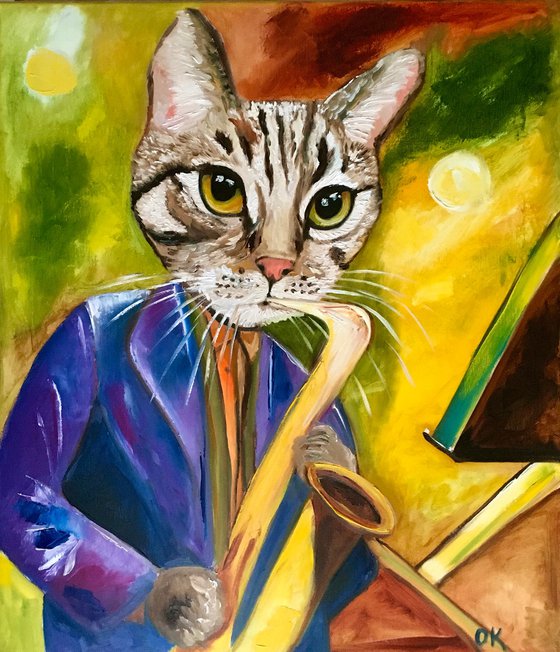 Cat  Saxophonist, musician, feline art for cat lovers.