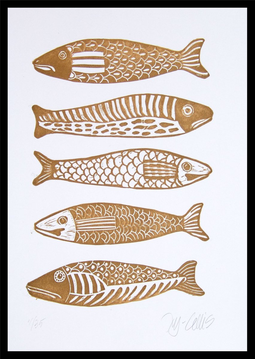 5 Goldfish, linocut by Mariann Johansen-Ellis