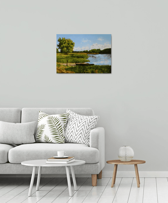 Old wooden boats on the river bank, Serene Summer Landscape