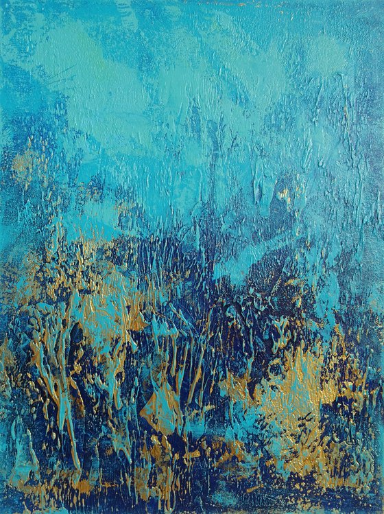 Blue and Gold Abstract Textured Painting. Triptych