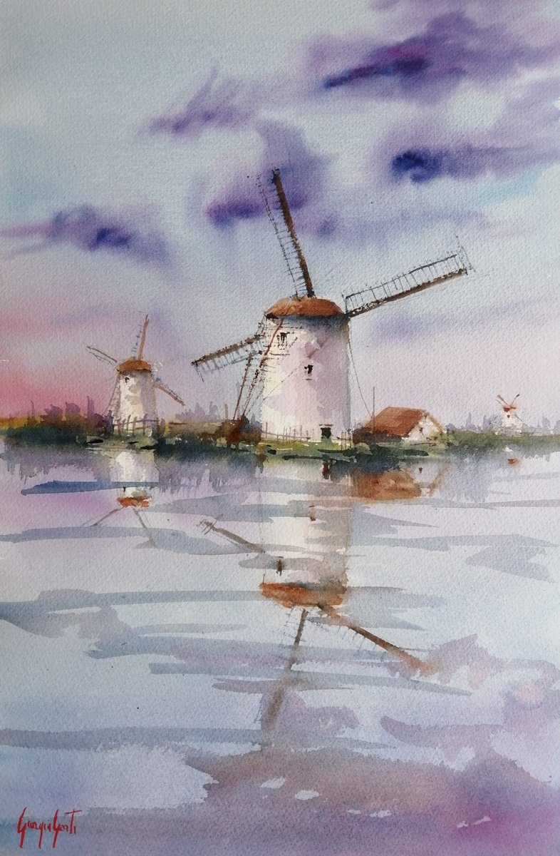 Impressionistic Watercolour , Windmill 11 By Giorgio Gosti, 14 X 21, Artwork For Sale On Artfinder