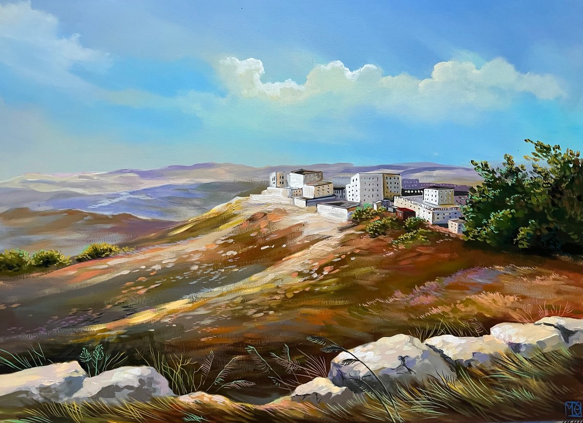Impressionistic Landscape Acrylic Painting By Maria Kireev, 31 X 24", Hills Of Judaea #1, Original Artwork