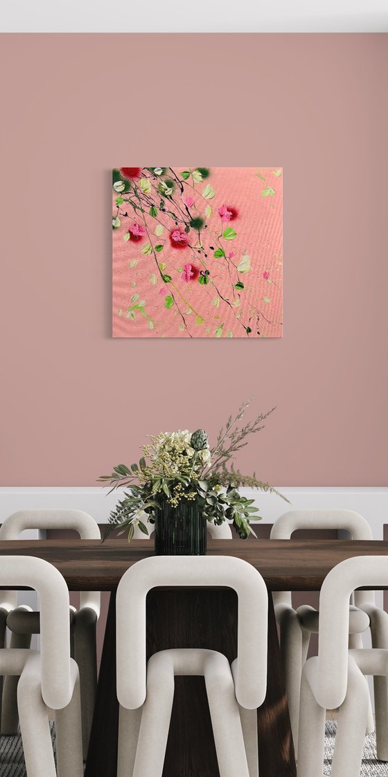 Square acrylic structure painting with flowers "Rose Day II”
