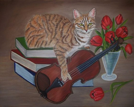 Ginger Cat with Violin and Tulips