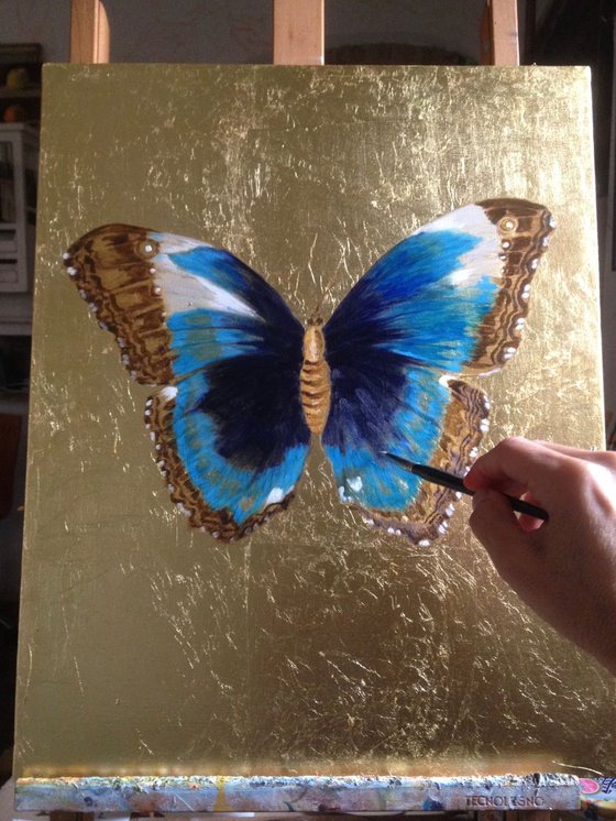 The Great Blue Butterfly Oil Painting on Lacquered Golden Leaf Canvas