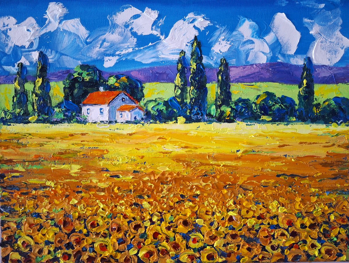 Abstract Landscape Oil Painting By Andrej Ostapchuk, 16 X 12, Sunny Day, Original Artwork
