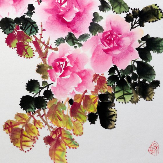 Pink Roses - Oriental Chinese Ink Painting