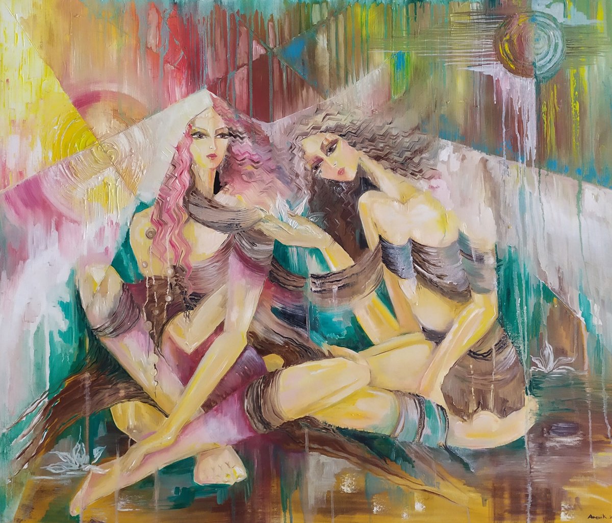 Impressionistic Portrait Oil Painting By Arevik Gasparyan, 34 X 29, Silent Dialogues, Original Artwork