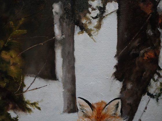 Red Fox Portrait Original Painting on Canvas - Winter Woodland Animal Wall Art