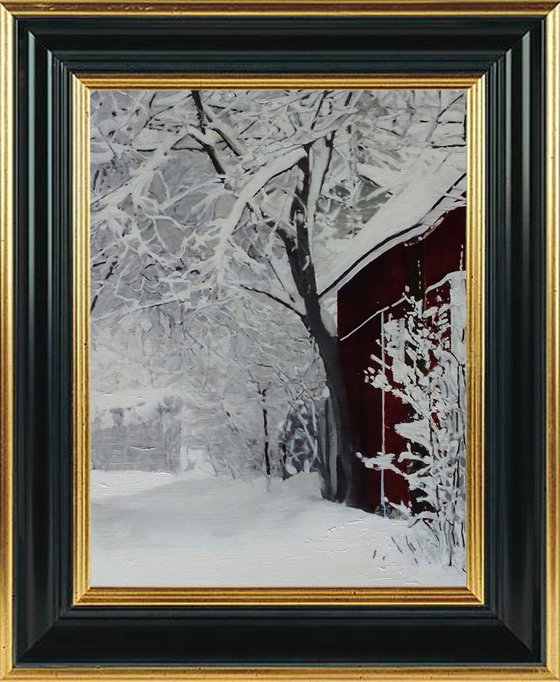Winter Red House, Michael B. Sky, 2019, Original oil paintings, Unique Item